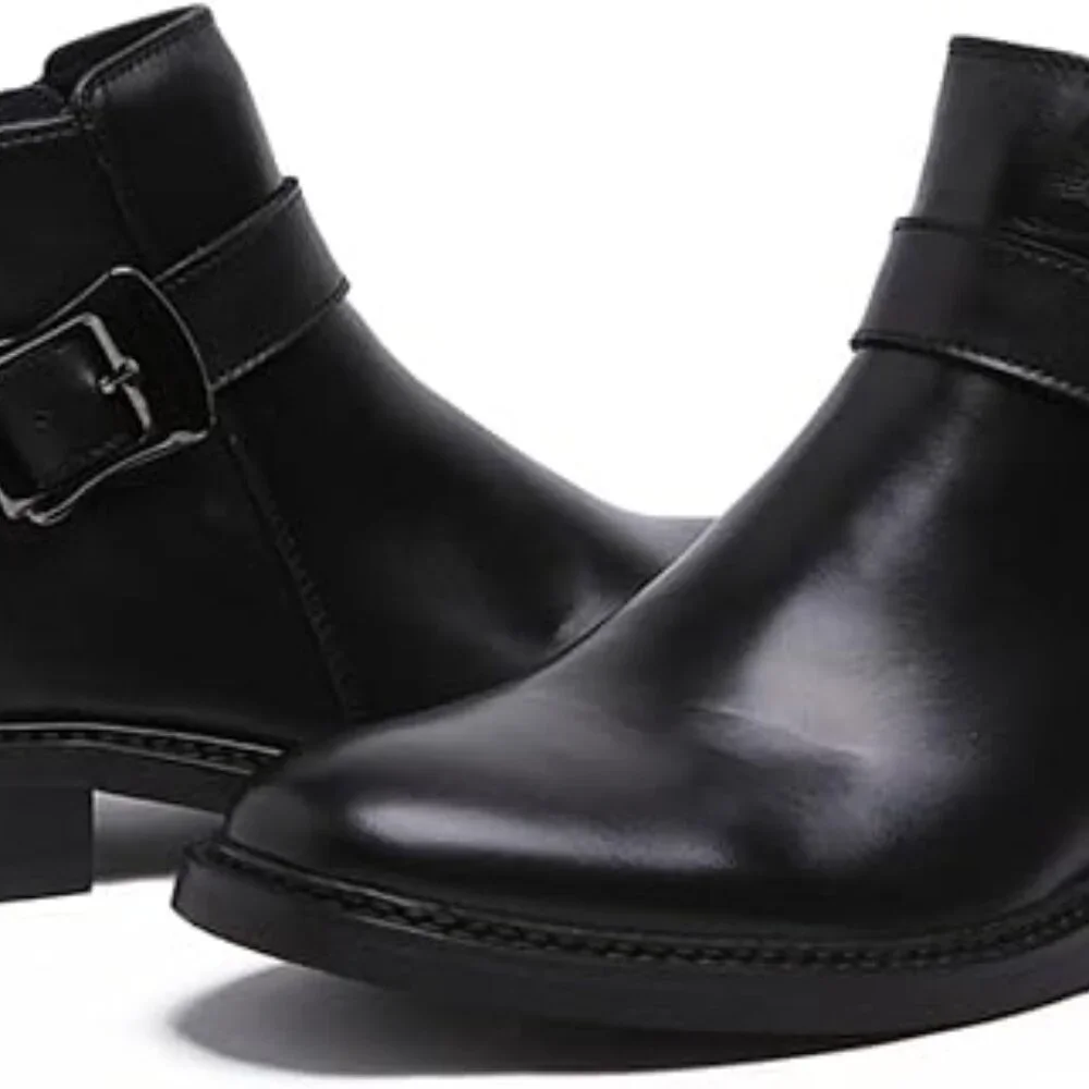 Santimon Men's US 7 - 10 Black Leather Chelsea Monk Strap Ankle Boots Zipper Buc
